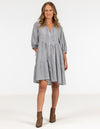 Eliza Button Front V Neck Dress in Grey Stripe