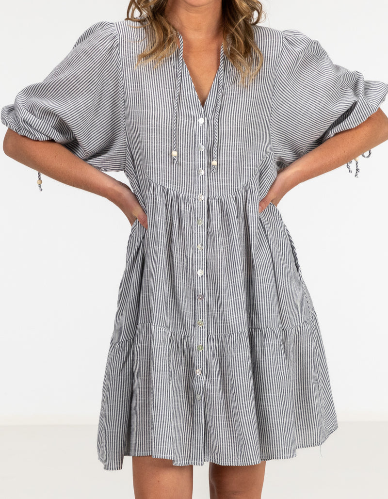 Eliza Button Front V Neck Dress in Grey Stripe