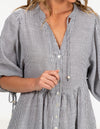 Eliza Button Front V Neck Dress in Grey Stripe