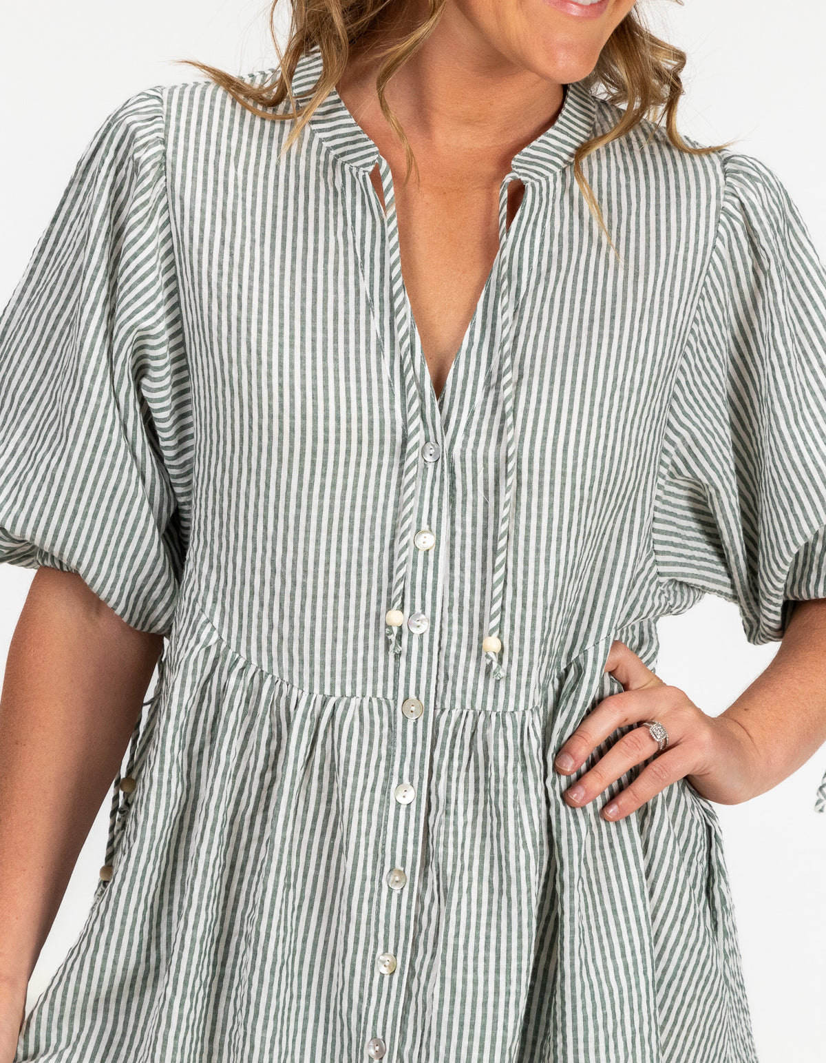 Eliza Button Front V Neck Dress in Green Stripe