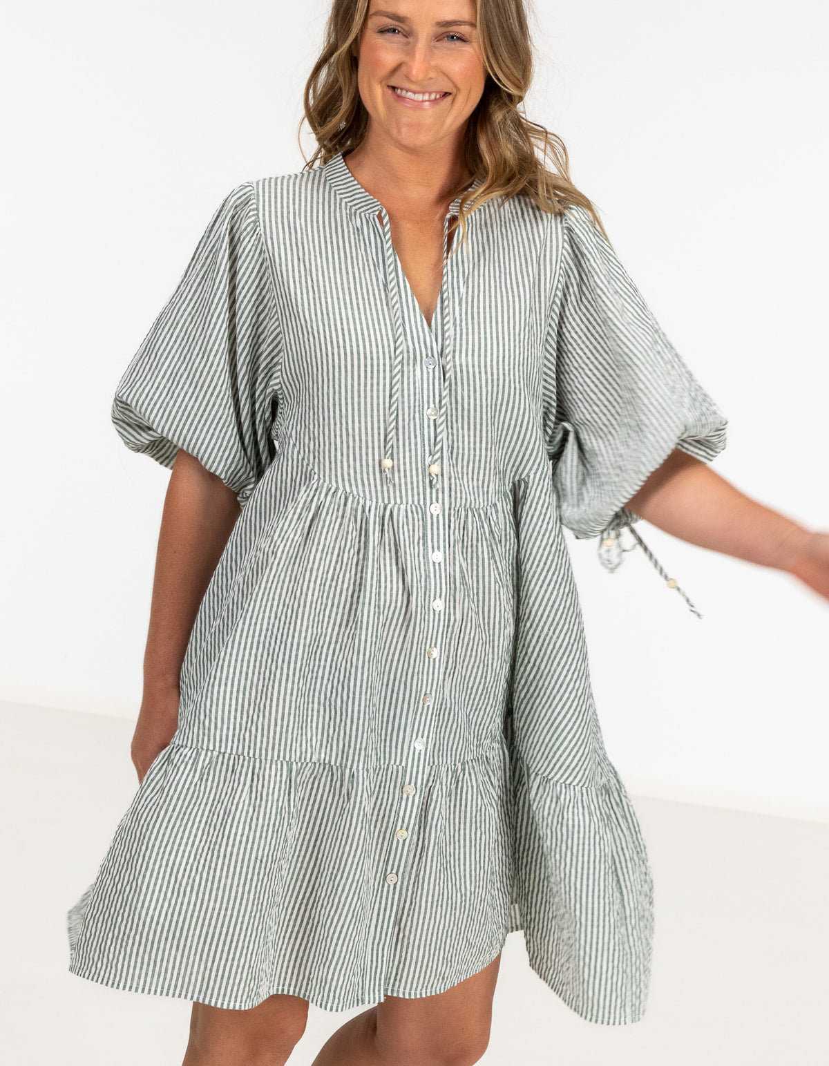 Eliza Button Front V Neck Dress in Green Stripe