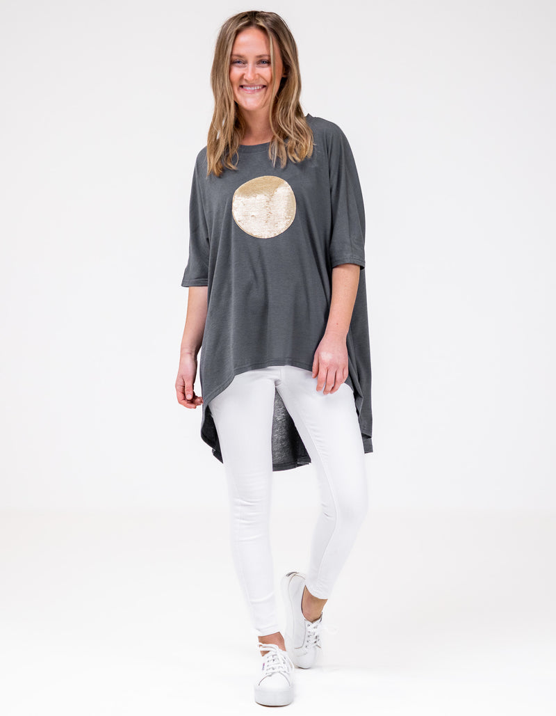 Harper Sequin Circle Tee in Gunmetal