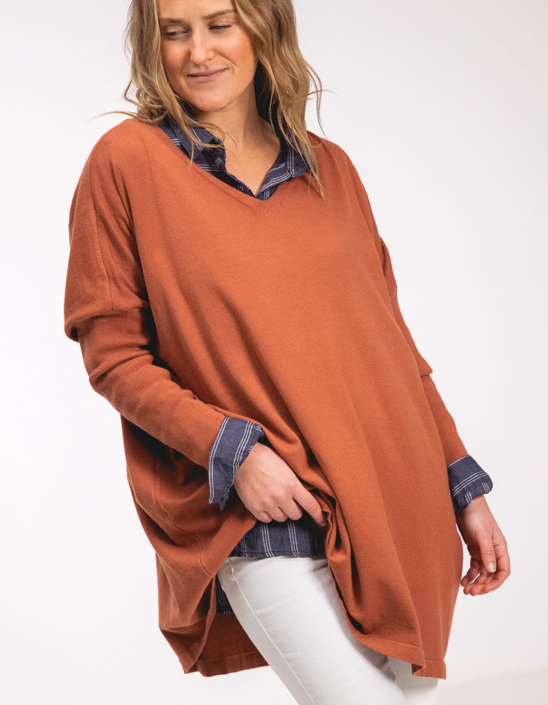 Agnes V Neck Oversize Knit Jumper in Rust
