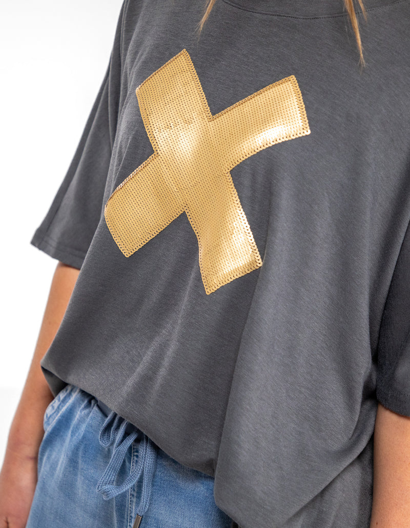 Xavier Sequin Cross Tee in Gunmetal