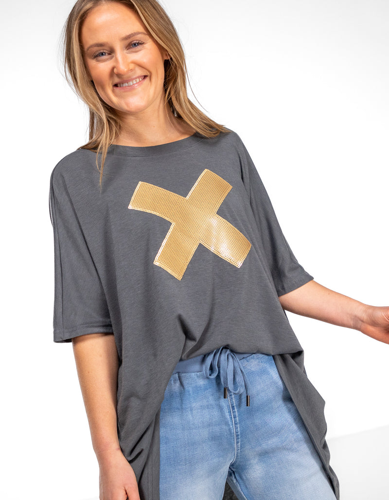 Xavier Sequin Cross Tee in Gunmetal