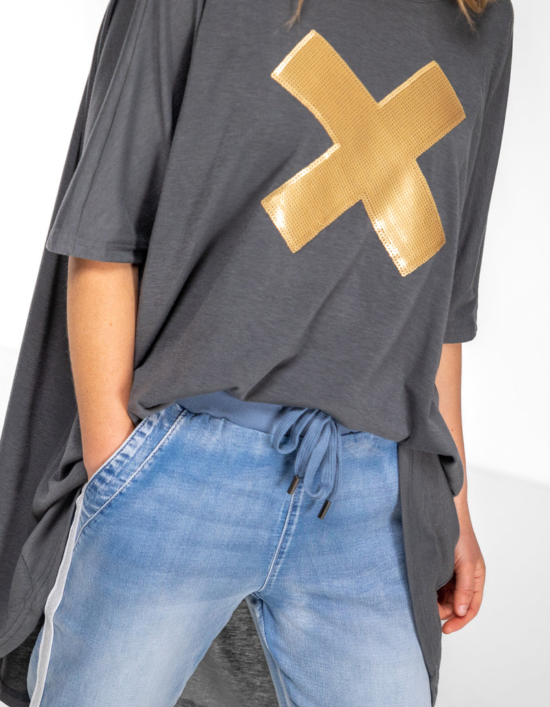 Xavier Sequin Cross Tee in Gunmetal