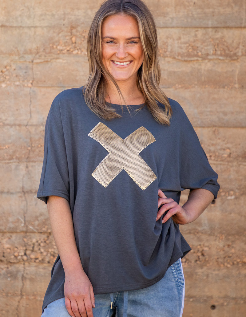 Xavier Sequin Cross Tee in Gunmetal