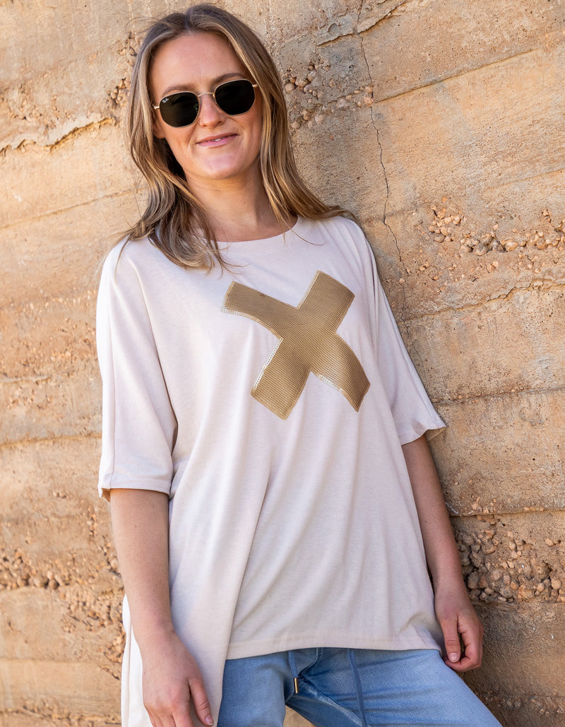 Xavier Sequin Cross Tee in Taupe