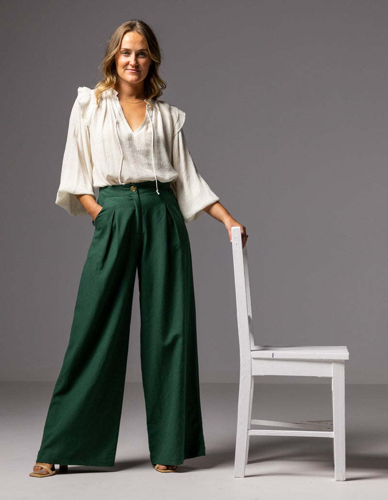 Celestia Tailored Wide Leg Pants in Emerald