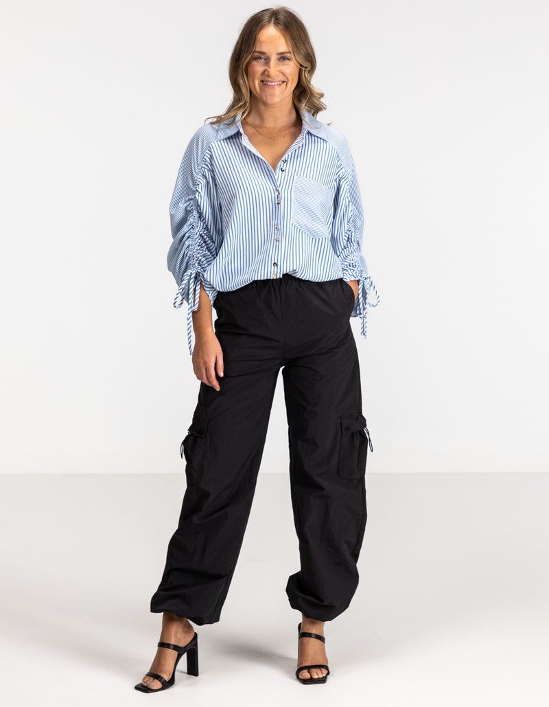 Imogen Drawstring Sleeve Shirt in Blue/White Stripe
