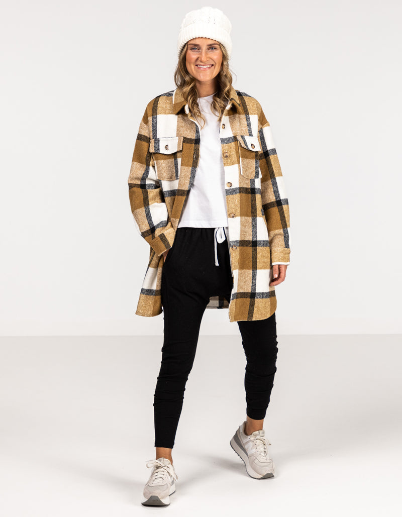 Indie Oversized Shacket with Pockets in Tan Check