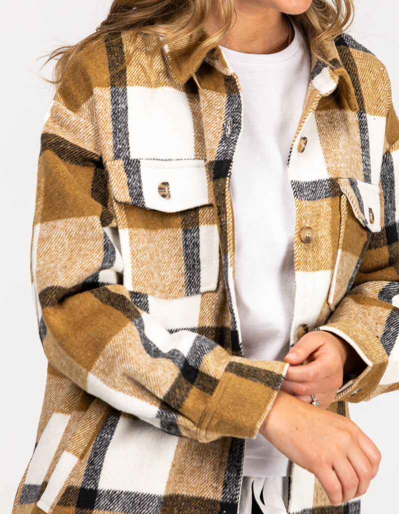 Indie Oversized Shacket with Pockets in Tan Check