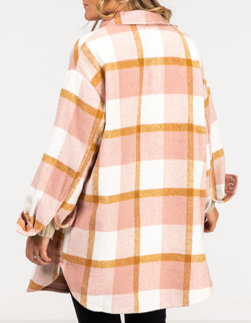 Indie Oversized Shacket with Pockets in Pink Check