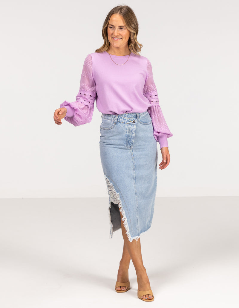 Delia Side Split Denim Midi Skirt in Blue