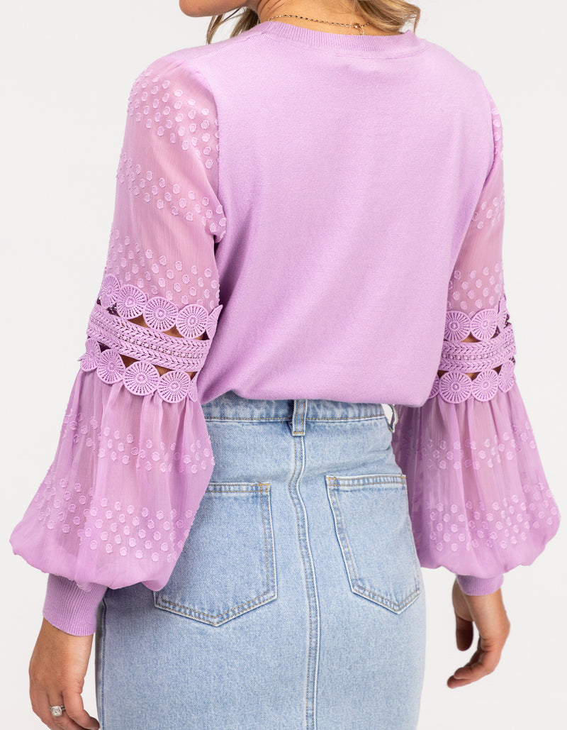 Teagan Long Sleeve Lace Sleeve Top in Lilac
