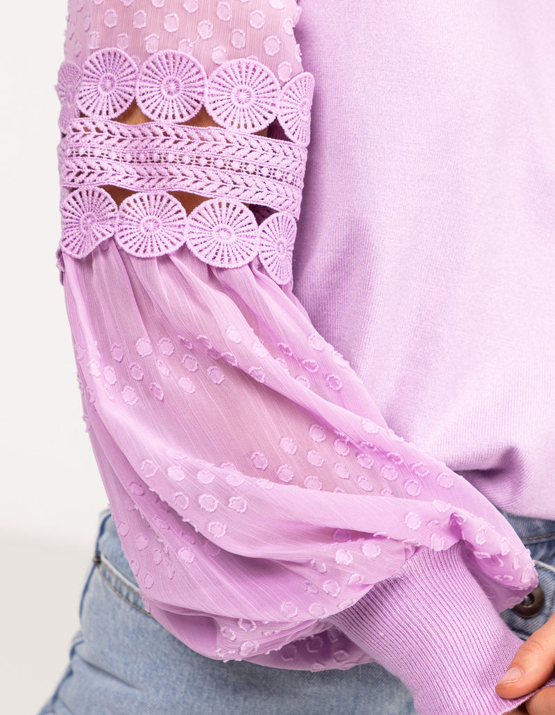Teagan Long Sleeve Lace Sleeve Top in Lilac