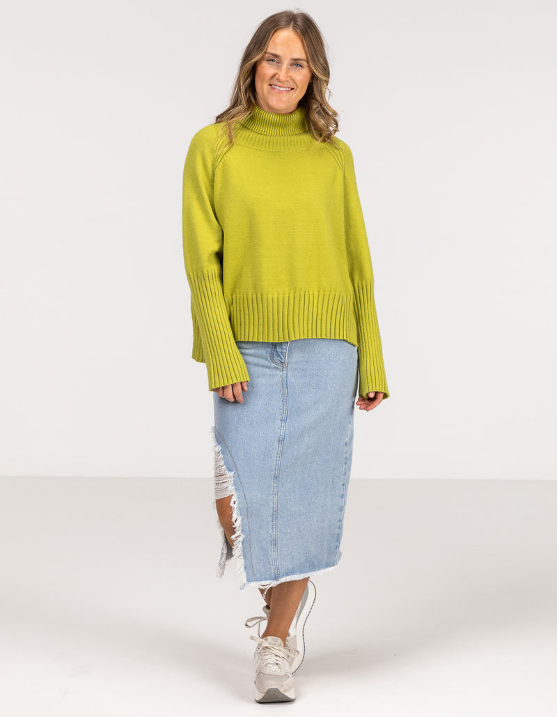 Hazel Roll Neck Knit Jumper in Citrus Green