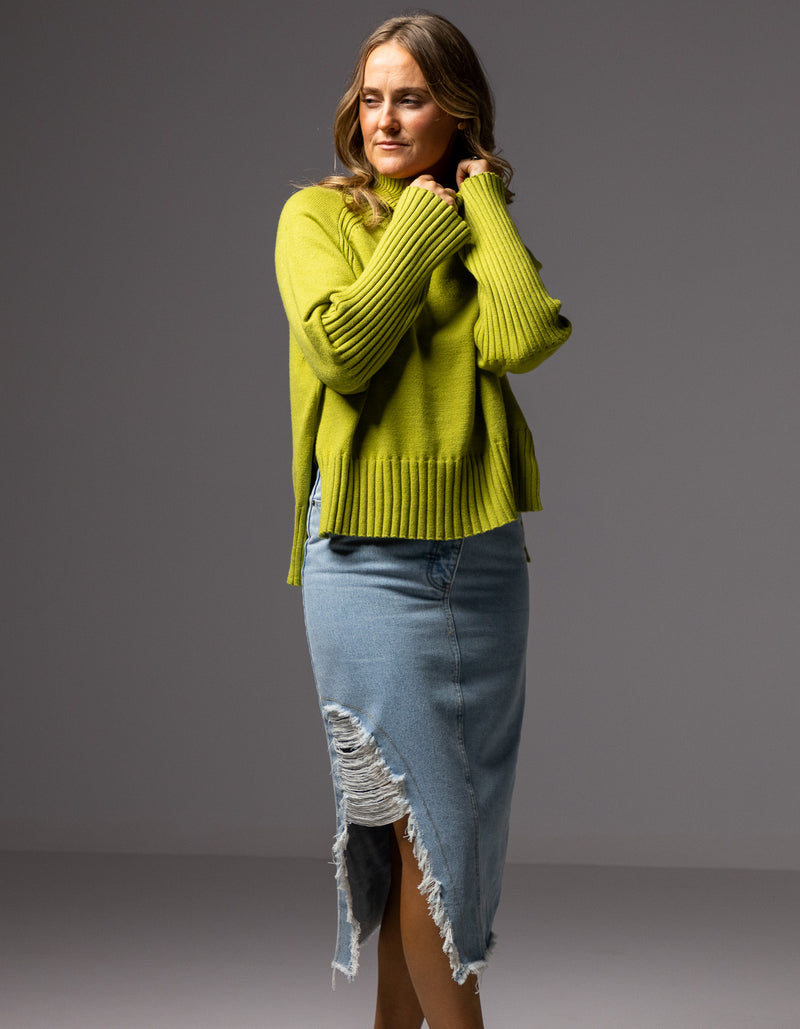 Hazel Roll Neck Knit Jumper in Citrus Green