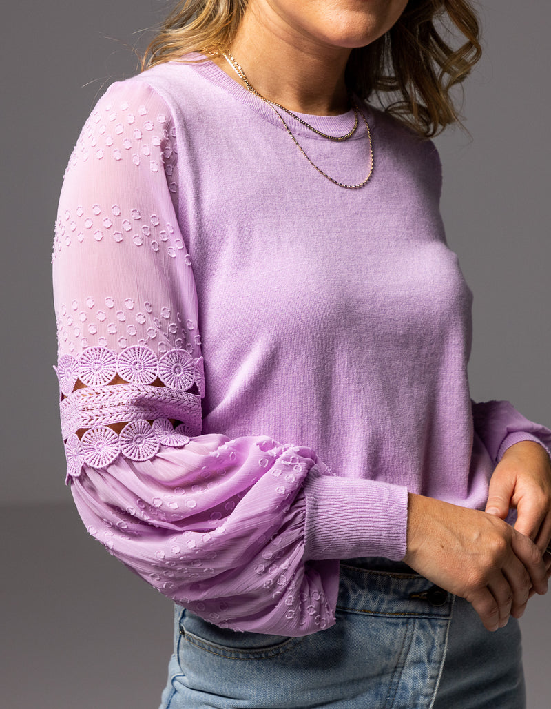 Teagan Long Sleeve Lace Sleeve Top in Lilac