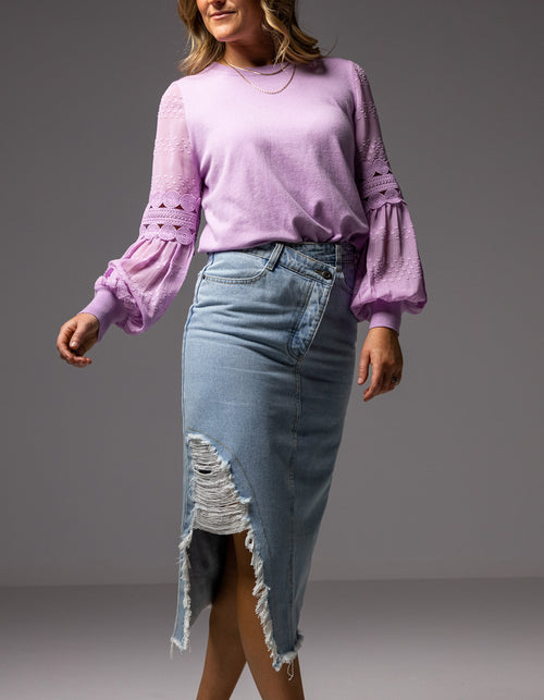 Delia Side Split Denim Midi Skirt in Blue