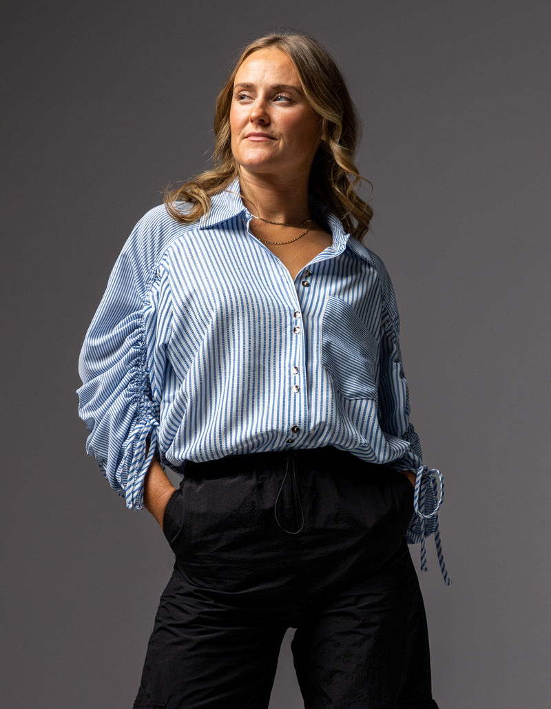 Imogen Drawstring Sleeve Shirt in Blue/White Stripe