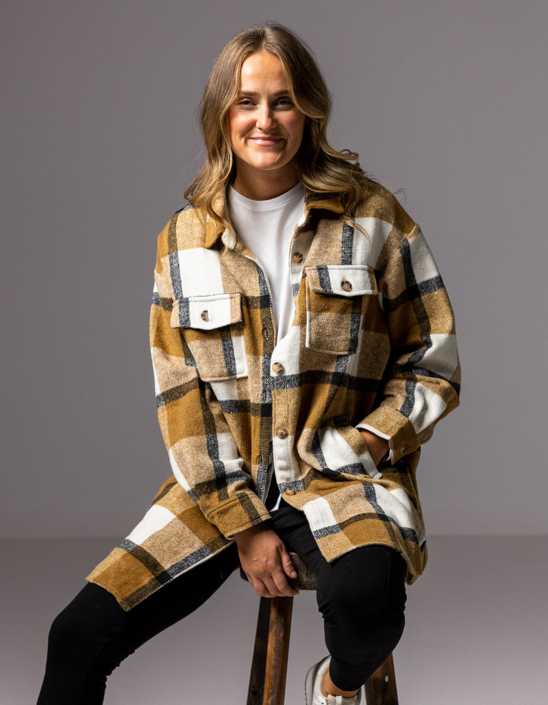 Indie Oversized Shacket with Pockets in Tan Check