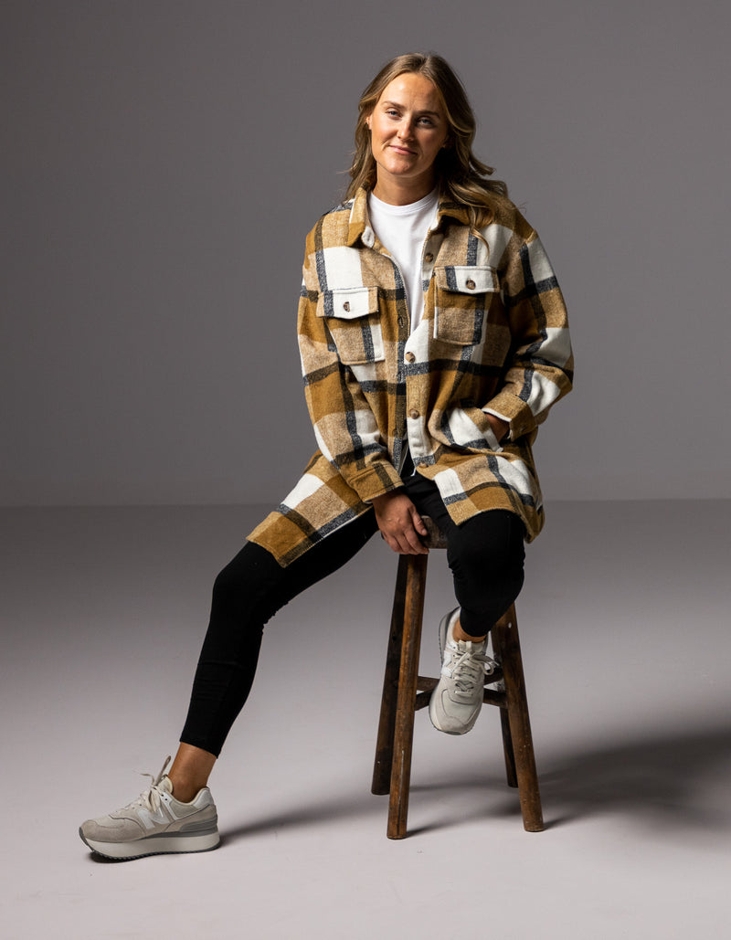 Indie Oversized Shacket with Pockets in Tan Check