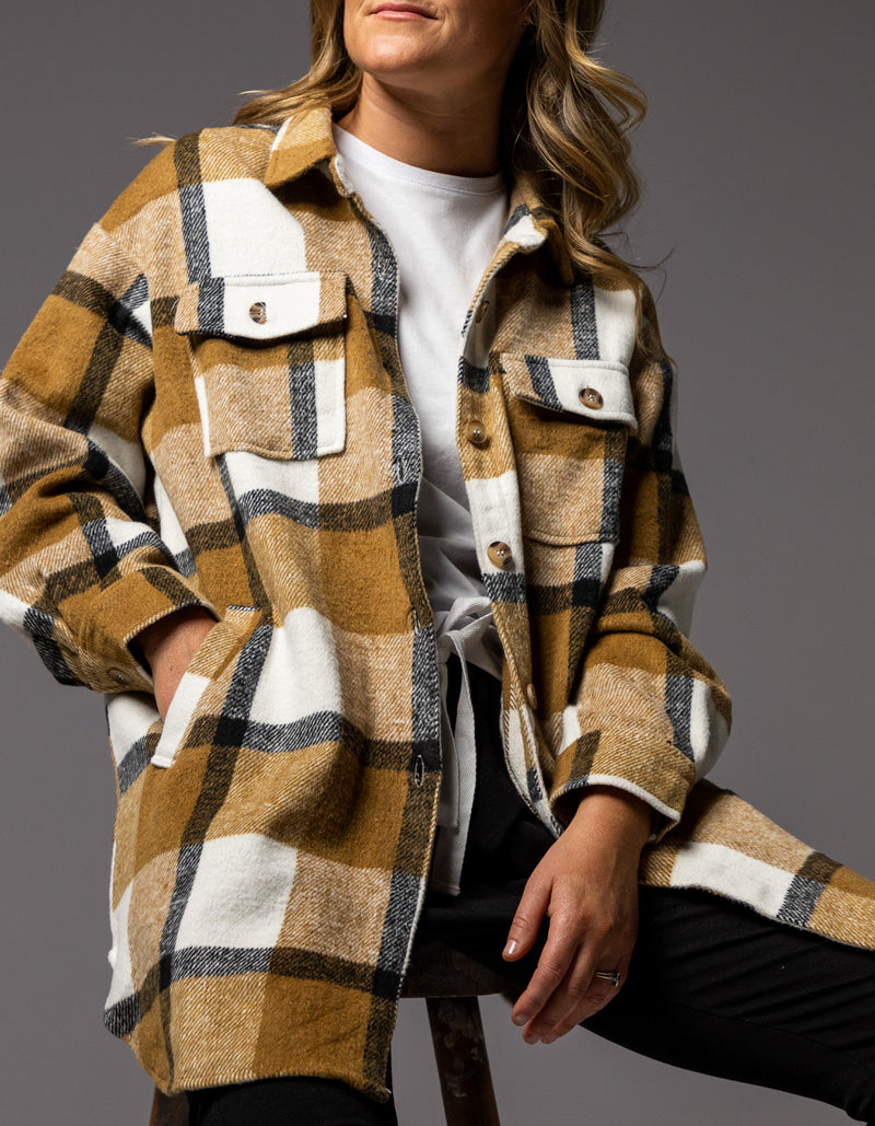 Indie Oversized Shacket with Pockets in Tan Check