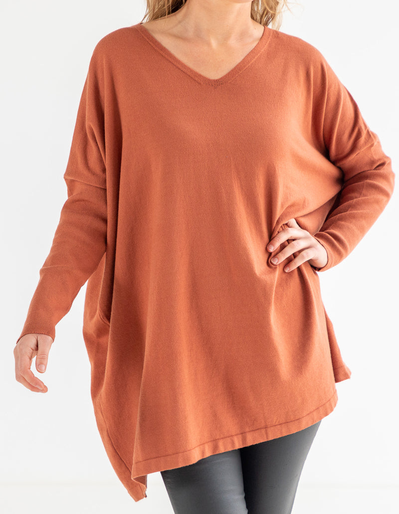 Agnes V Neck Oversize Knit Jumper in Rust