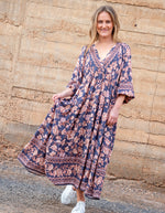 Raya V Neck Midi Dress in Navy/Peach Floral