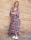 Raya V Neck Midi Dress in Navy/Peach Floral