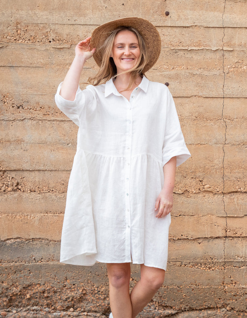 Opal Oversized Button Front Linen Dress in White