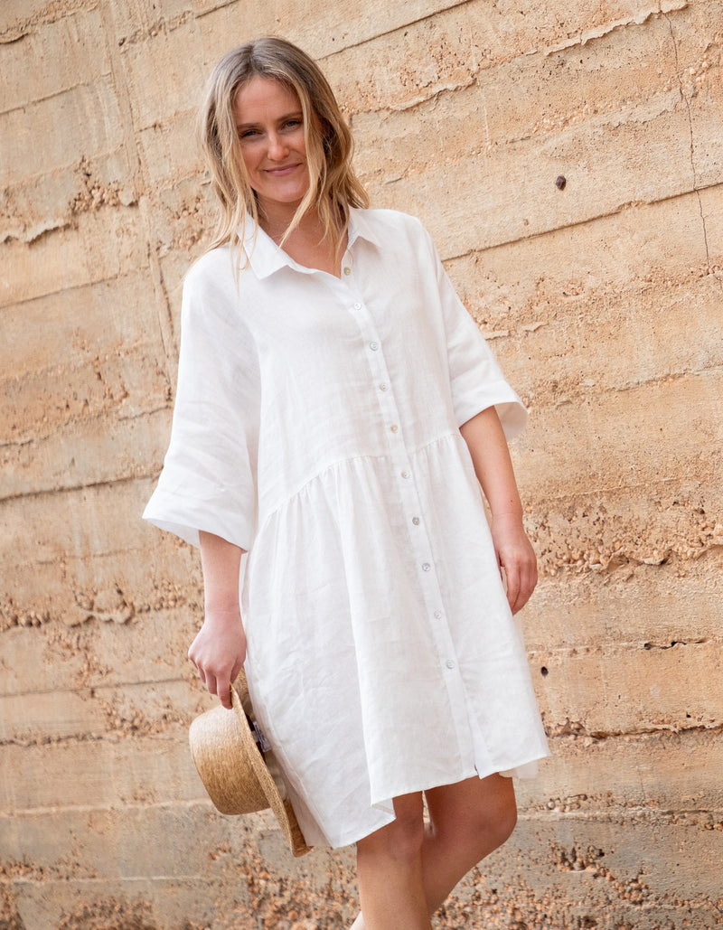 Opal Oversized Button Front Linen Dress in White