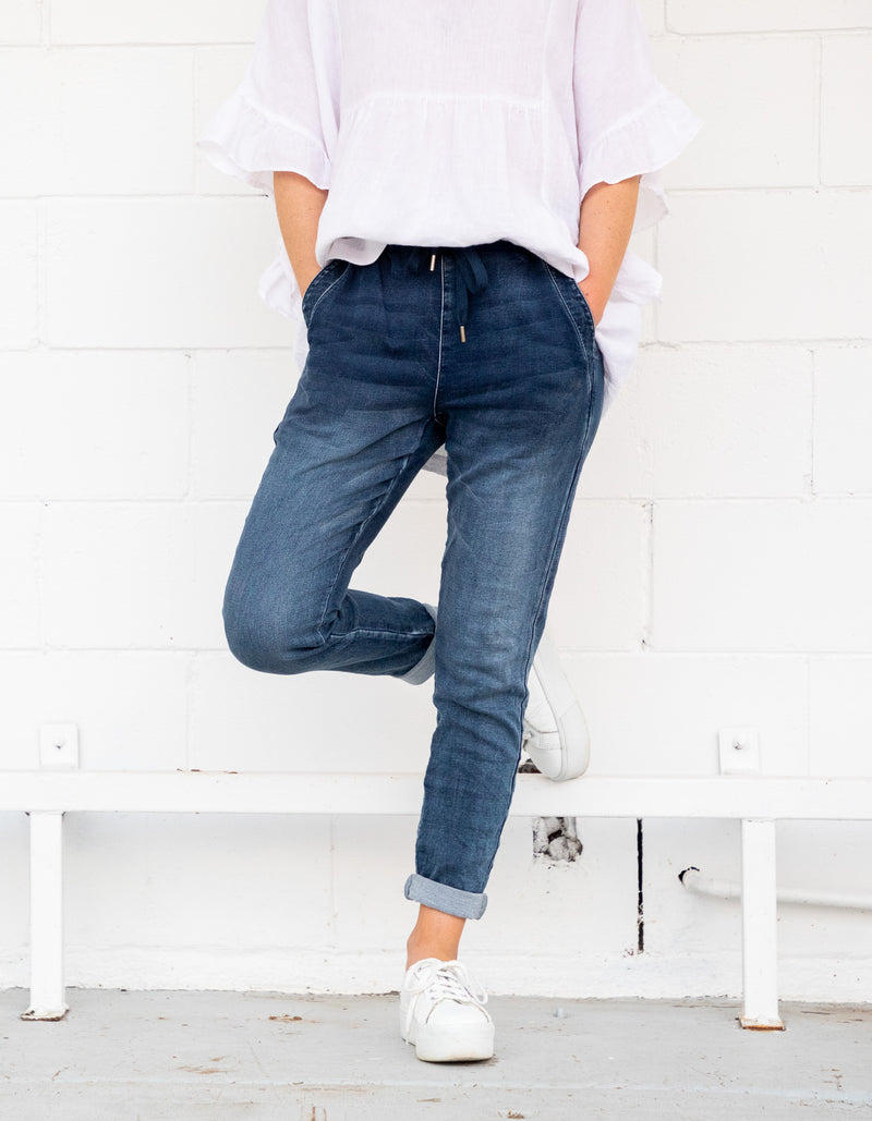 Riley Denim Jogger Pants in Blue Wash