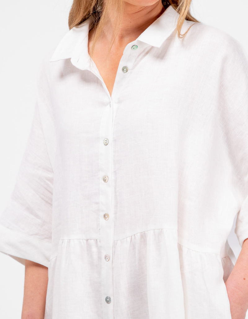 Opal Oversized Button Front Linen Dress in White