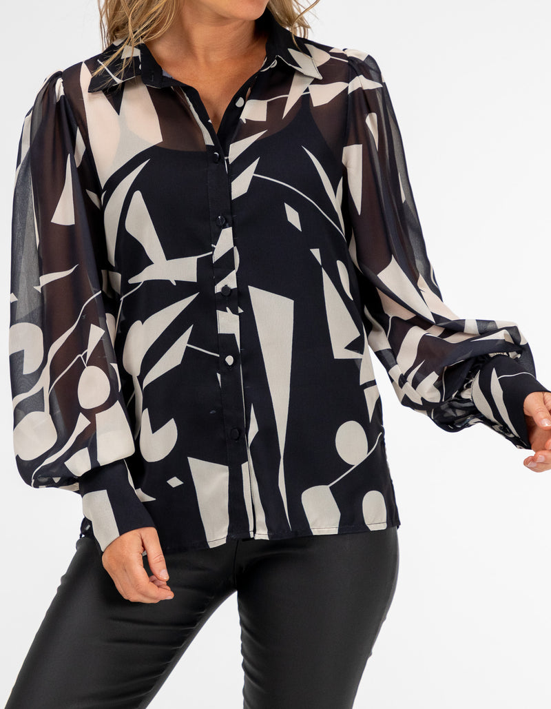 Grayson Button Front Blouse in Black Geo Print