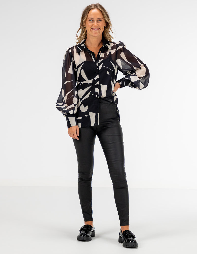 Grayson Button Front Blouse in Black Geo Print