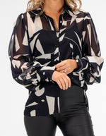 Grayson Button Front Blouse in Black Geo Print