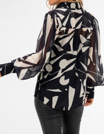 Grayson Button Front Blouse in Black Geo Print