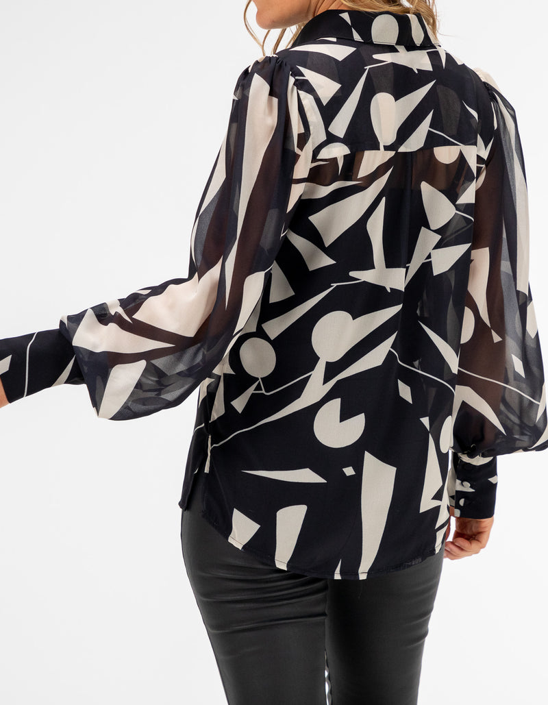 Grayson Button Front Blouse in Black Geo Print