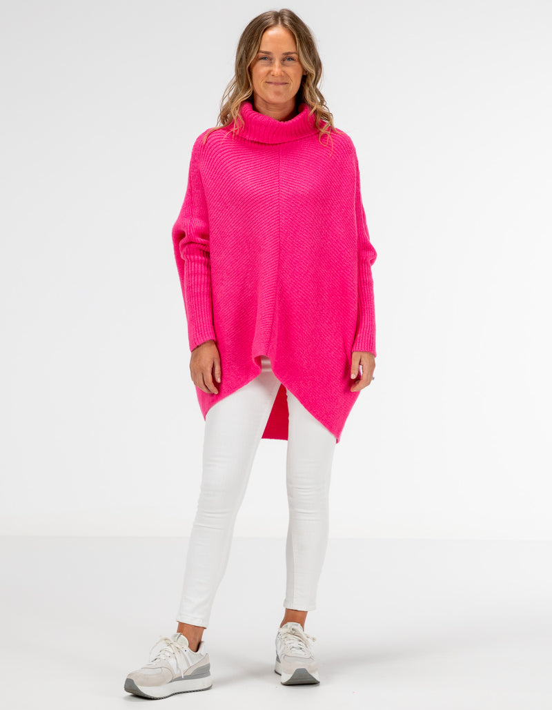 Parker Roll Neck Rib Knit Jumper in Hot Pink