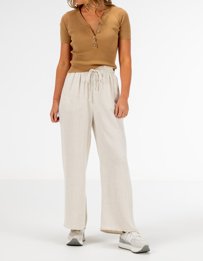 Dana Elastic Waist Linen/Cotton Pants in Beige