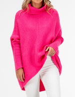 Parker Roll Neck Rib Knit Jumper in Hot Pink