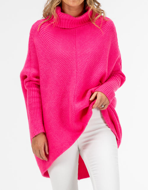 Parker Roll Neck Rib Knit Jumper in Hot Pink