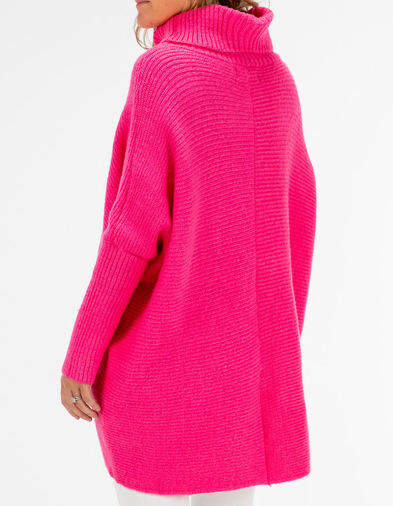 Parker Roll Neck Rib Knit Jumper in Hot Pink