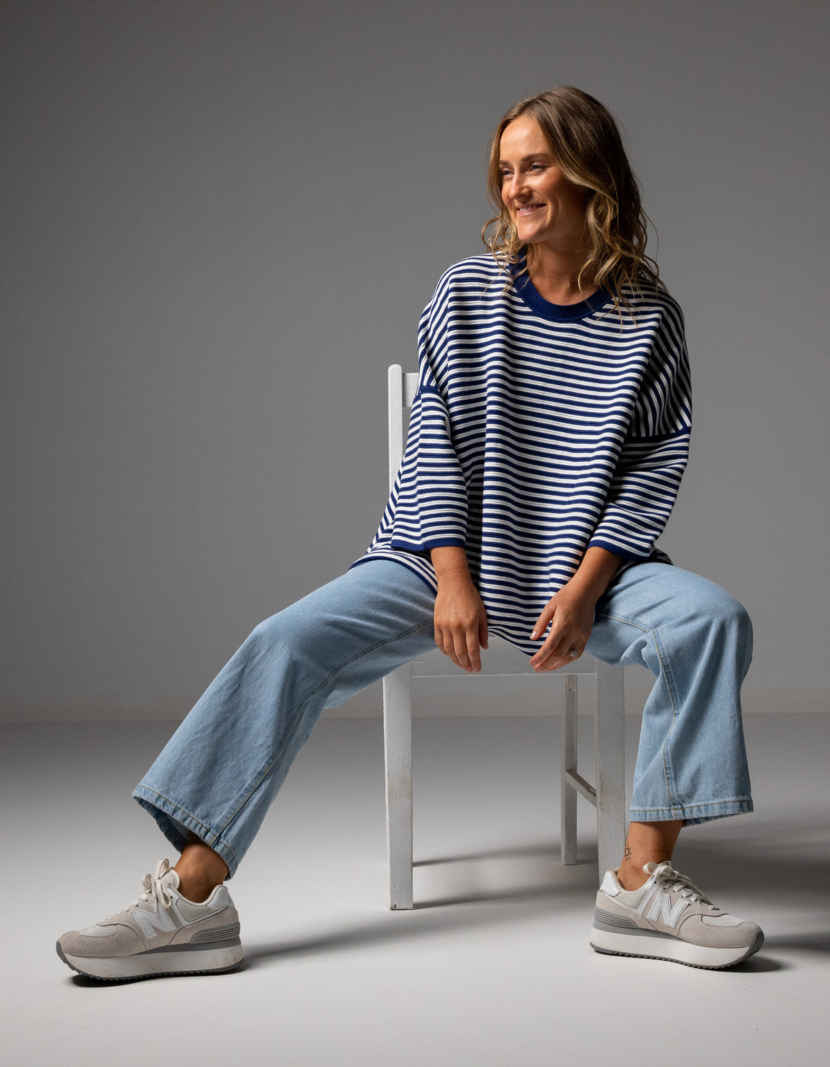 Baker Crew Neck Oversize Jumper in Navy/White Stripe
