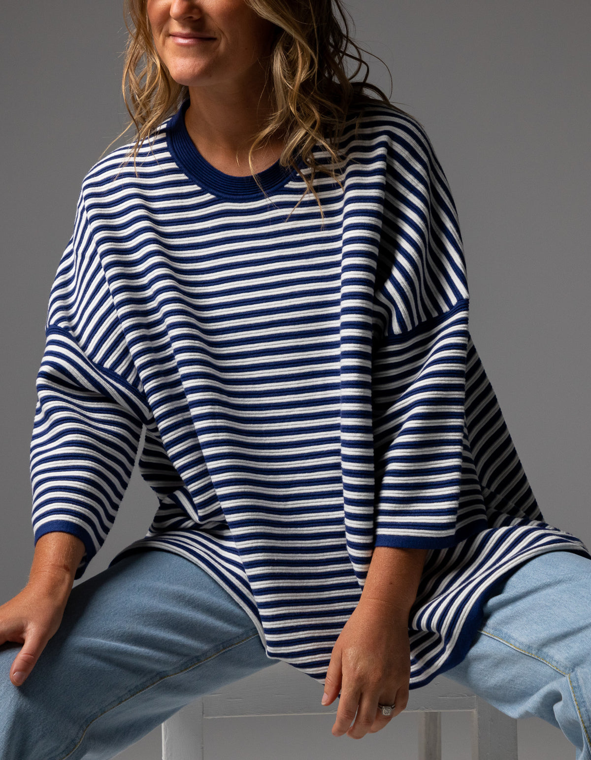 Baker Crew Neck Oversize Jumper in Navy/White Stripe