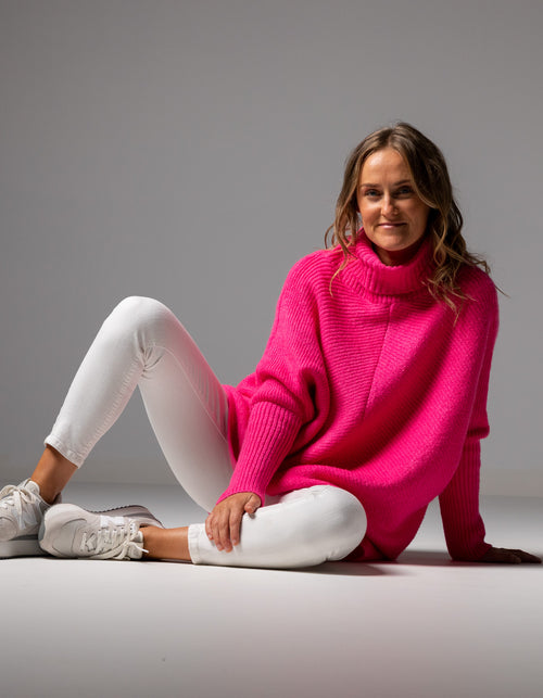 Parker Roll Neck Rib Knit Jumper in Hot Pink