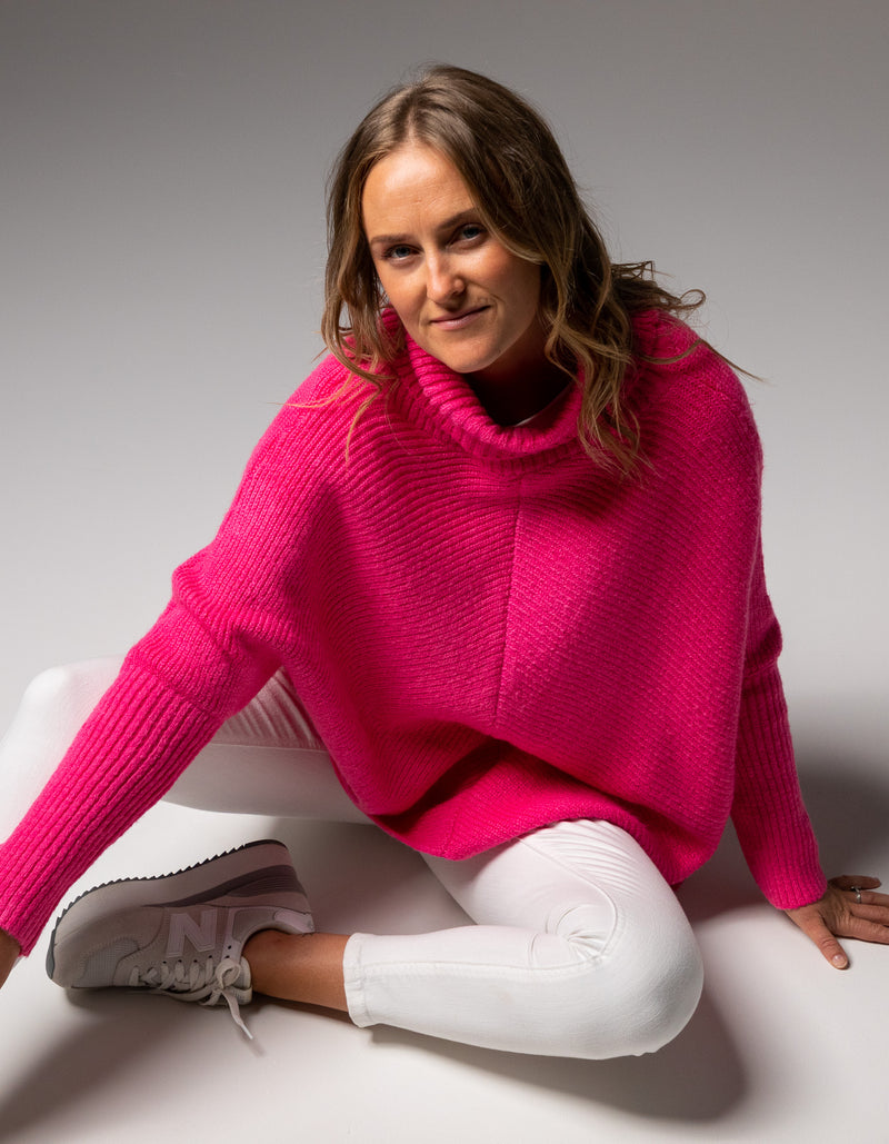 Parker Roll Neck Rib Knit Jumper in Hot Pink