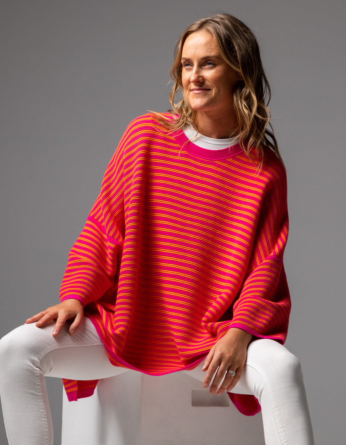 Baker Crew Neck Oversize Jumper in Orange/Pink Stripe